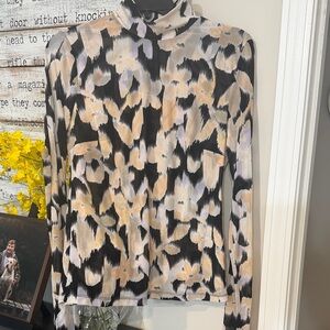 CAbi Printed Mock Neck Top in Black, Cream, Tan